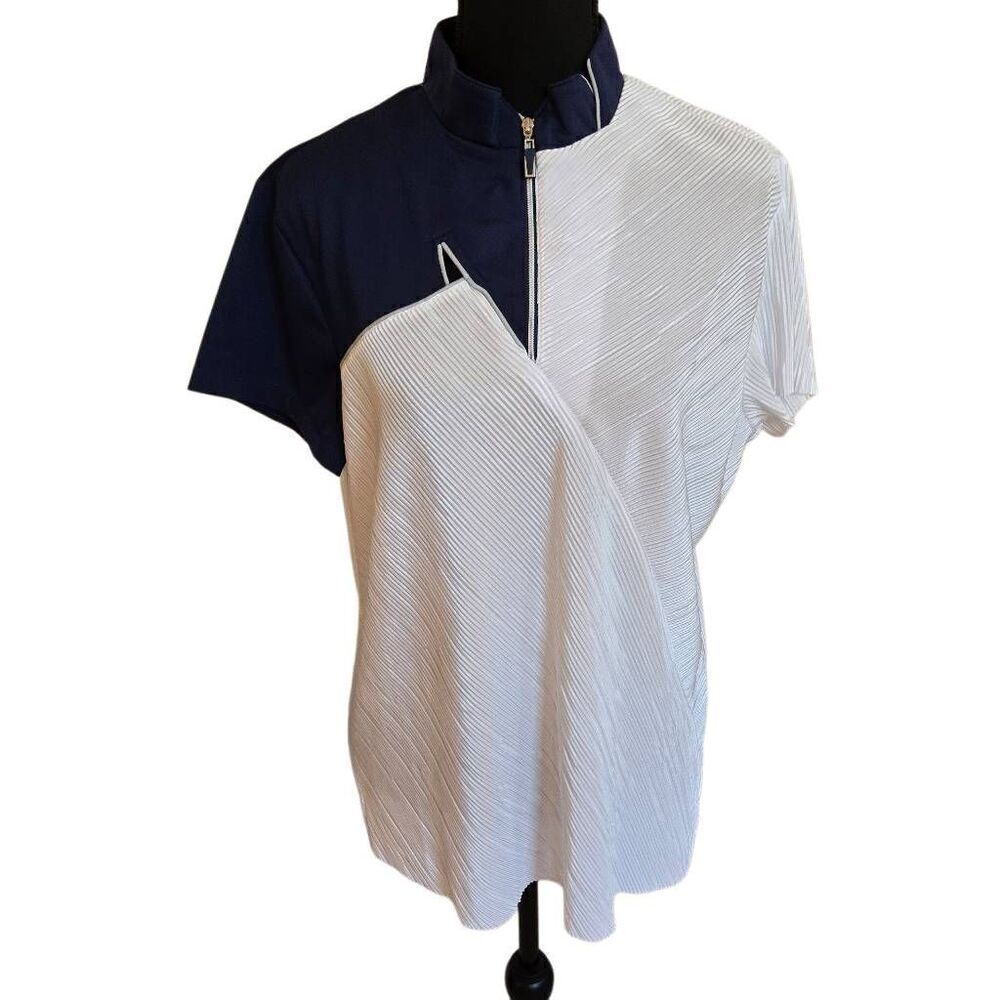 Jamie Sadock Womens Navy White Short Sleeve Pleated Golf Polo Top Large